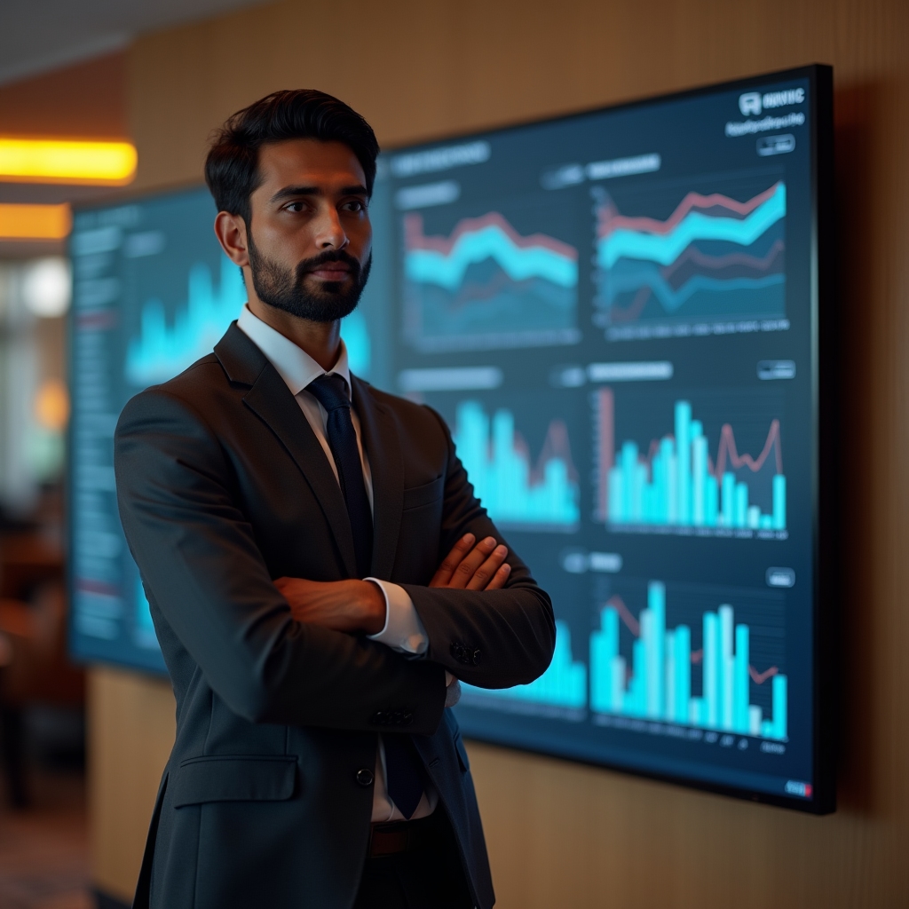 Marketing analyst studying CTR performance metrics on a large monitor in a modern office