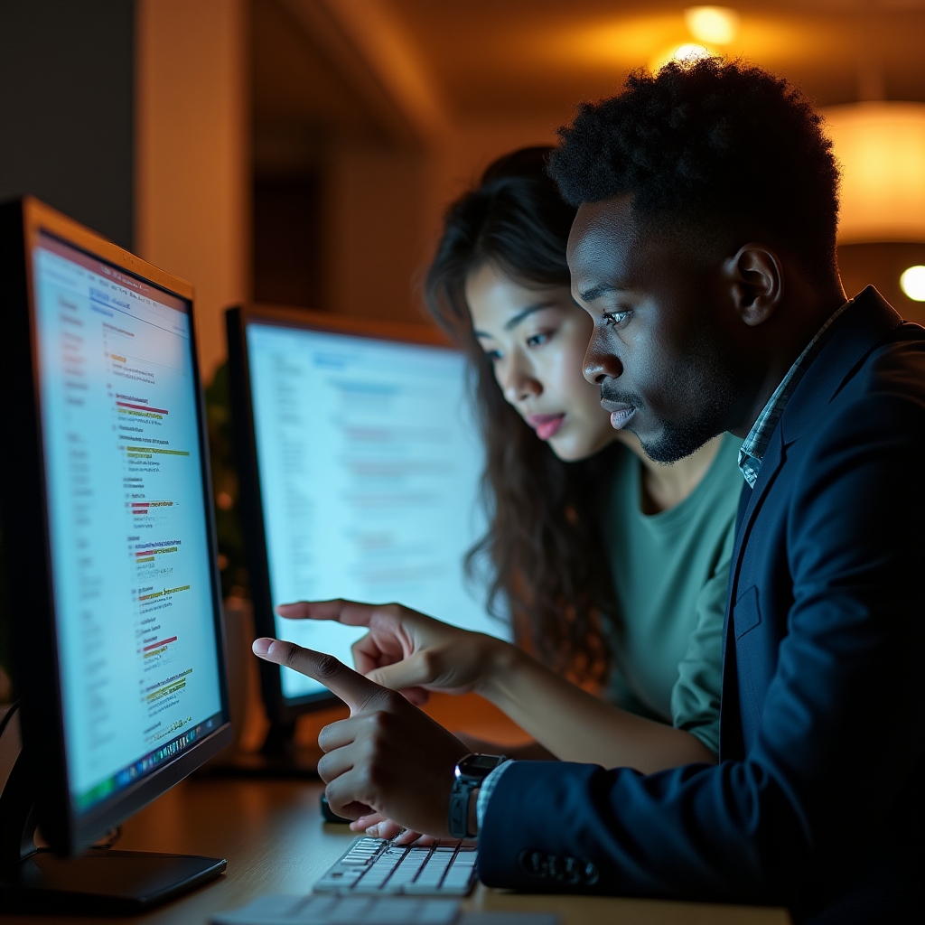 SEO professional studying Google's search result snippet behavior on dual monitors